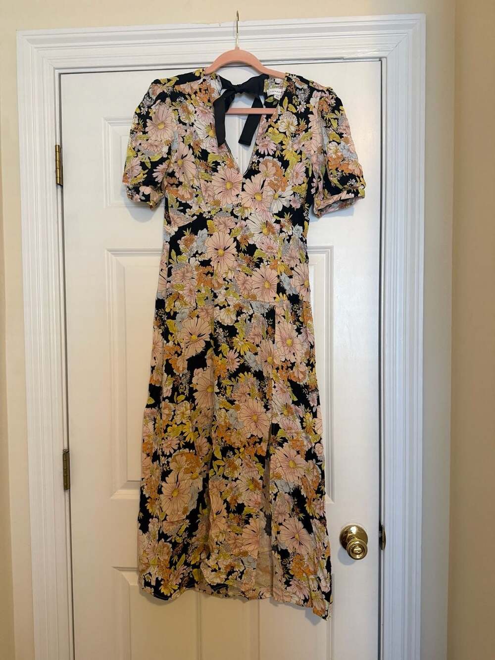 Topshop 70s Floral Midi Dress Size US 6 Black Tie Back